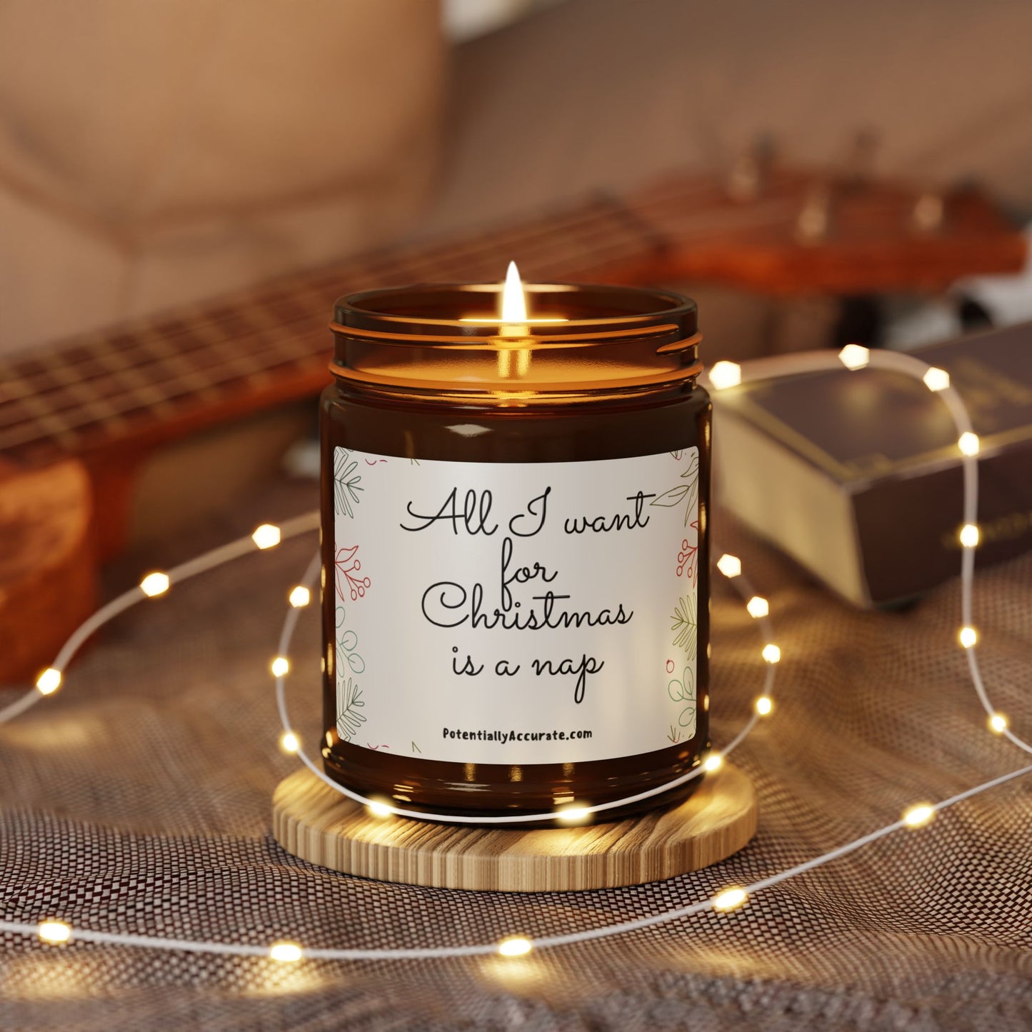 "All I want for Christmas is a nap". Christmas Candle. (Multi-Size, Amber Jar) Scented Soy Sarcastic Funny Holiday Gift